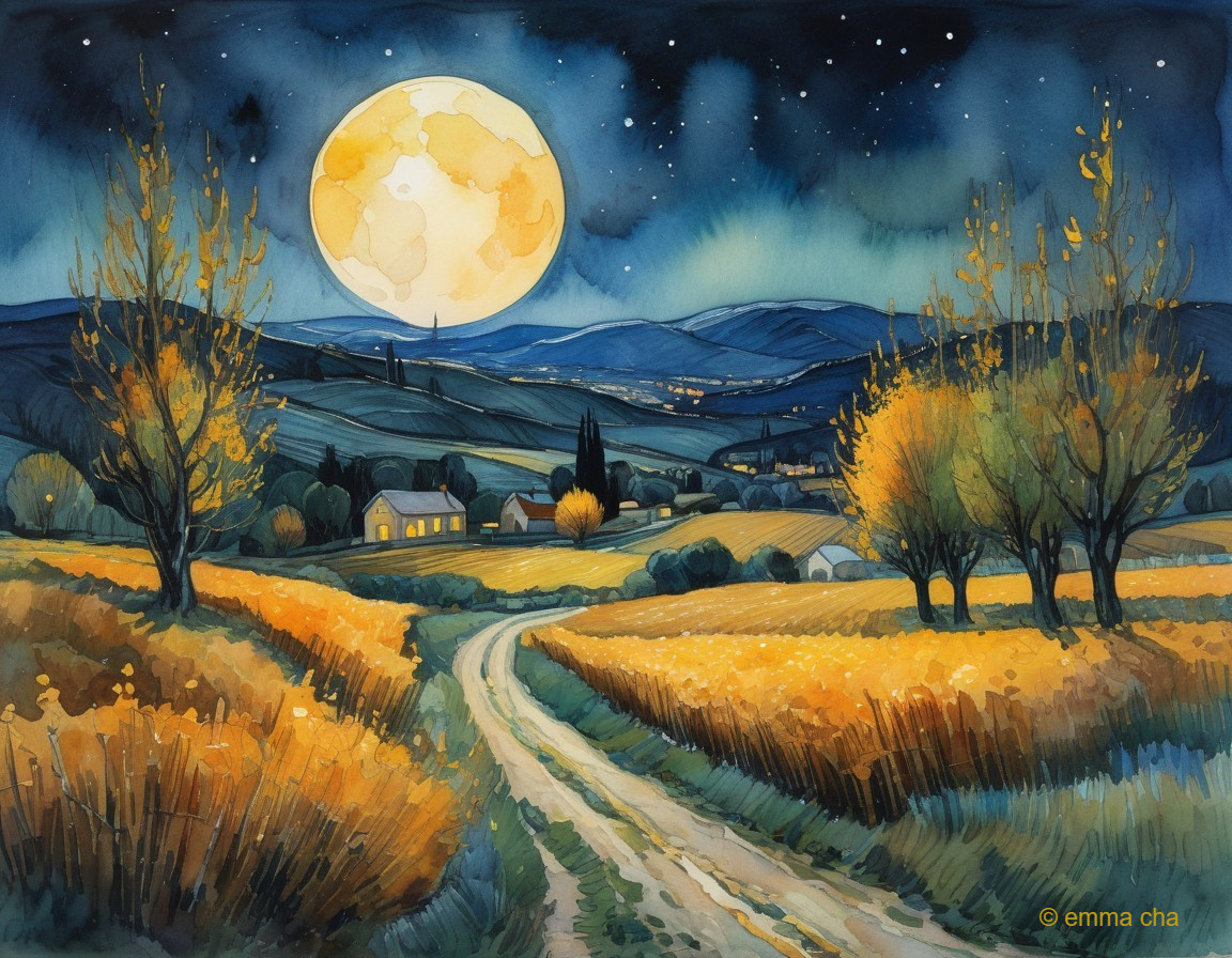 Watercolor Night Landscape with Moon and Stars