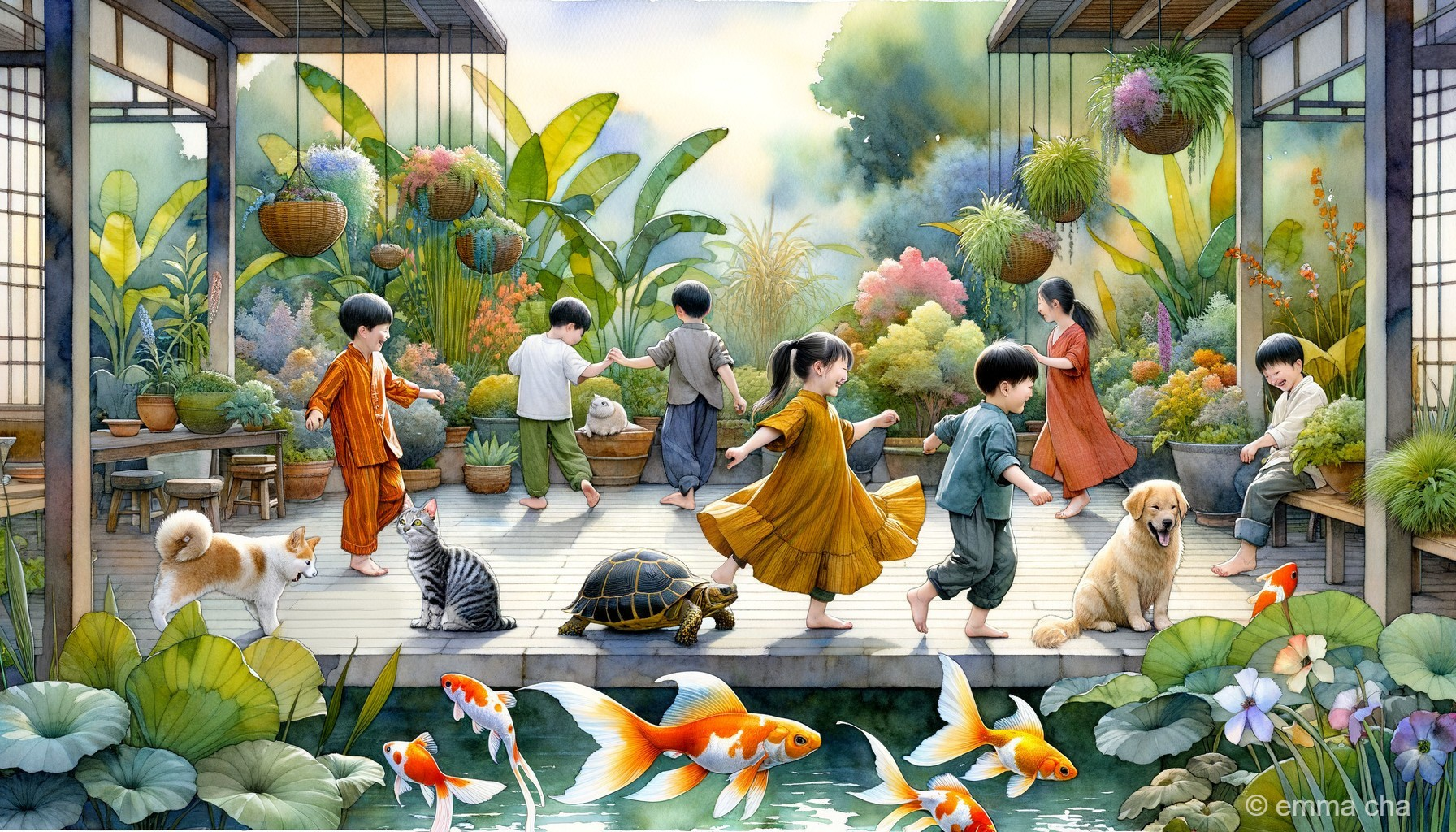 Children Playing in a Lush Garden with Pets and Koi Fish