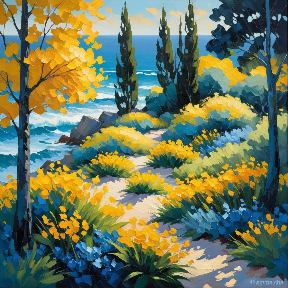 Vibrant Coastal Scene with Sunlit Path and Foliage