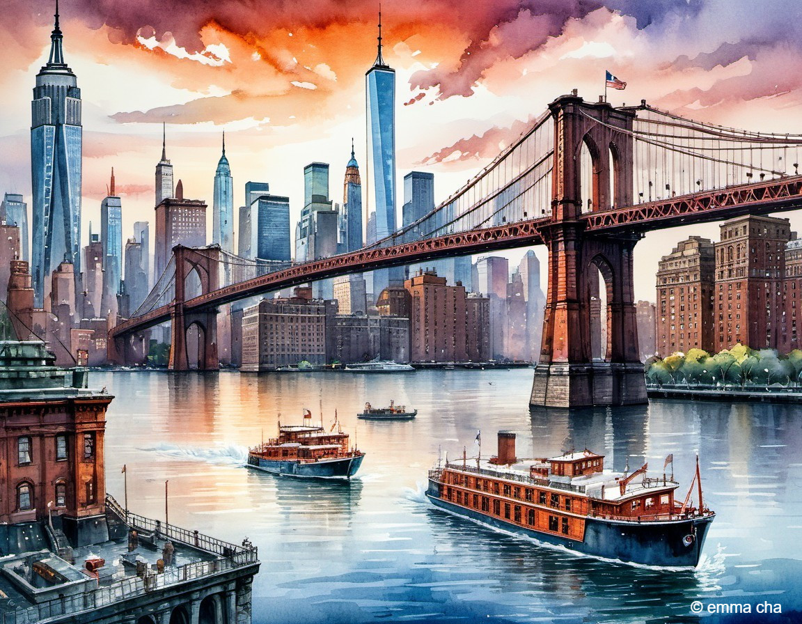 Vibrant Sunset Over New York City and Brooklyn Bridge