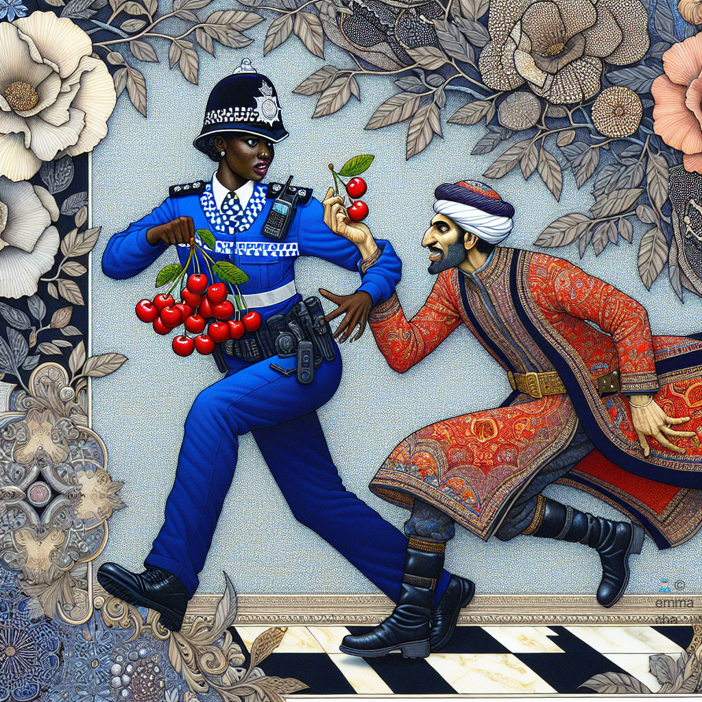 Playful Chase Scene with Cultural Elements and Floral Patterns