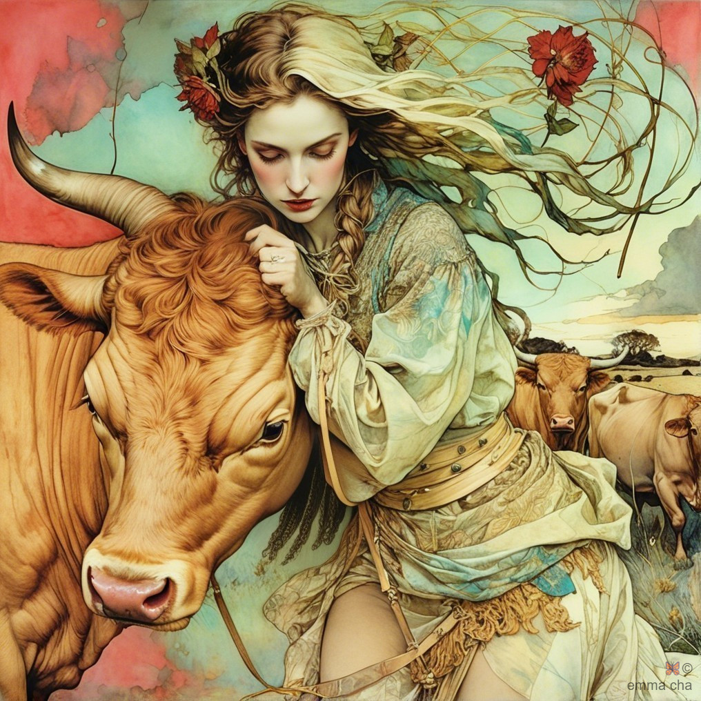 Serene Scene of Woman Embracing a Brown Cow