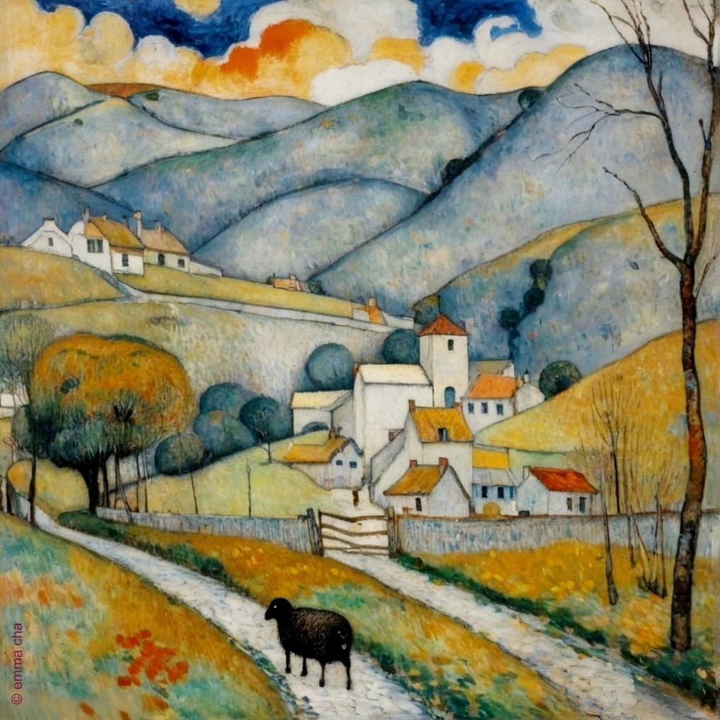 Serene Rural Landscape with Village and Grazing Sheep