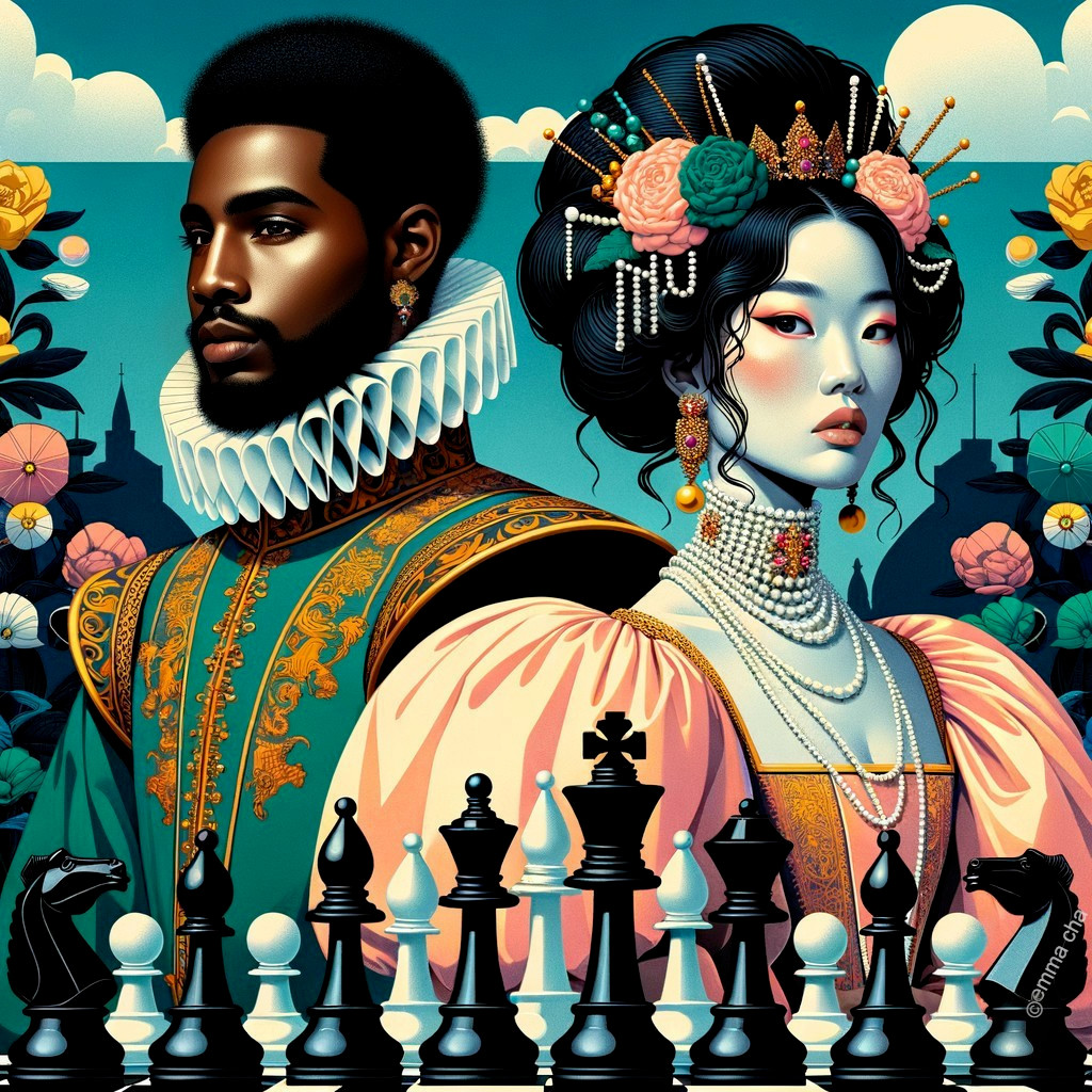 Regal Man and Woman in Historical Attire with Chessboard