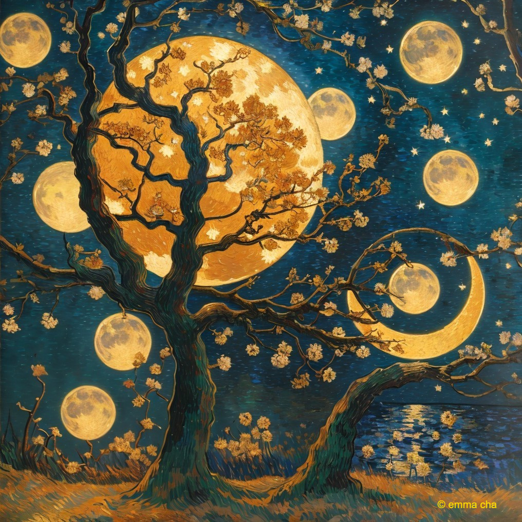 Vibrant Night Scene with Golden Blossoms and Moons