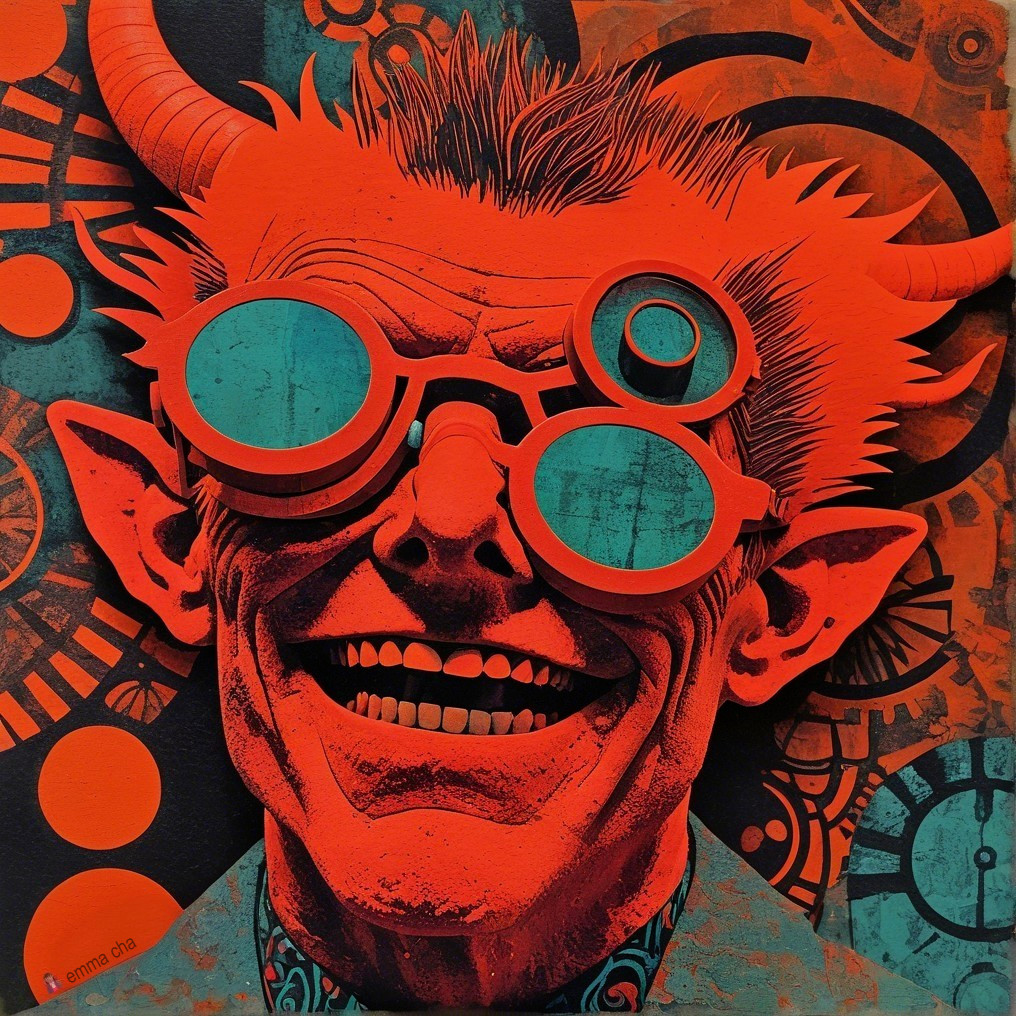 Vibrant Character with Exaggerated Features and Clock Designs