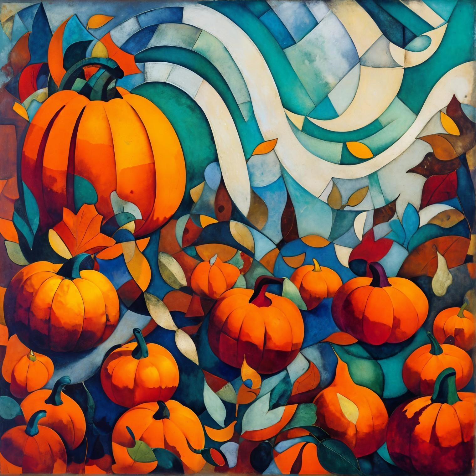 Abstract Composition of Colorful Pumpkins and Leaves