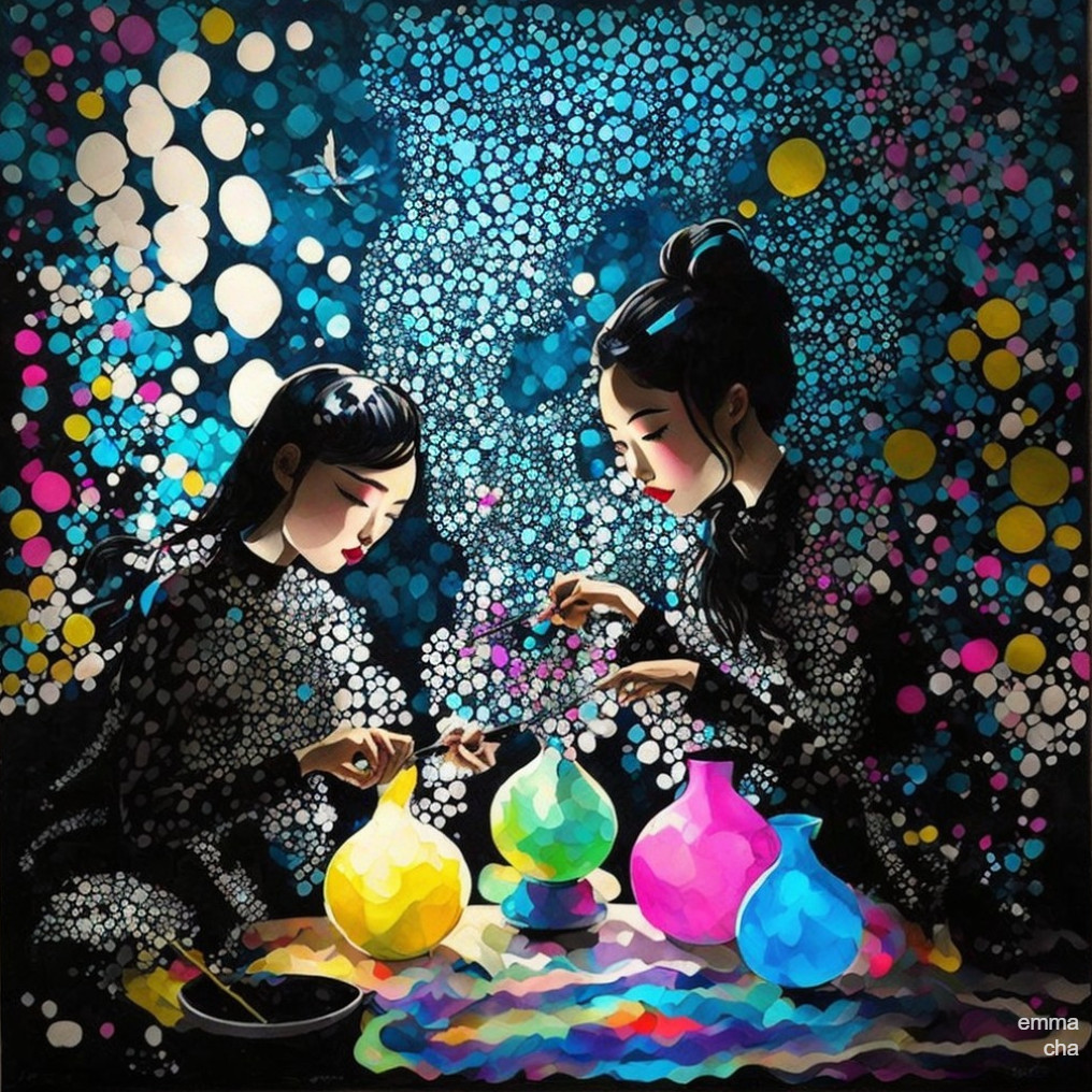 Young Women Painting Colorful Vases in Vibrant Scene