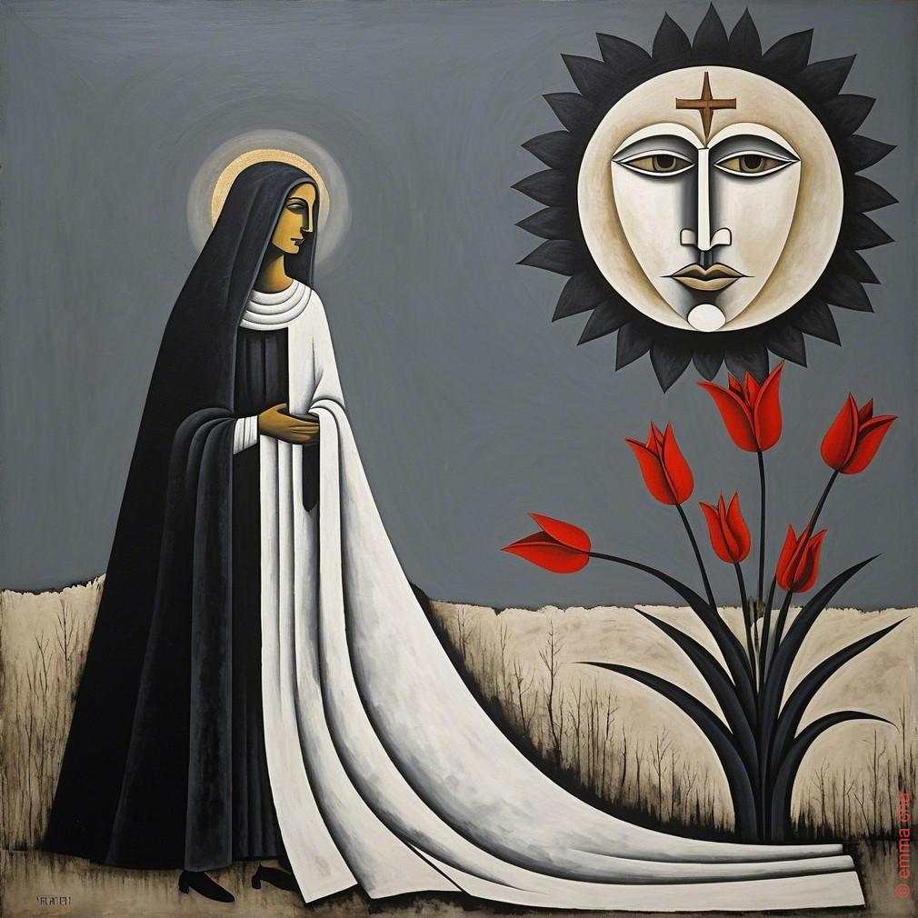 Serene Figure in Black and White Robe Among Flowers