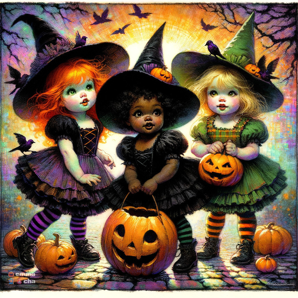Three Young Witches in Colorful Costumes for Halloween