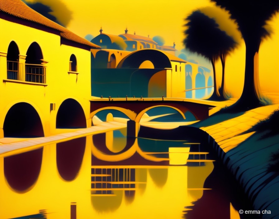 Stylized painting of a golden-yellow riverside scene
