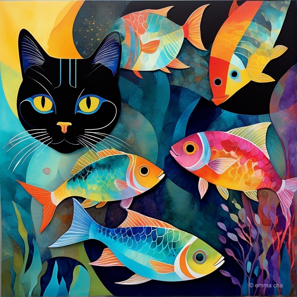 Colorful Artwork of Black Cat with Stylized Fish