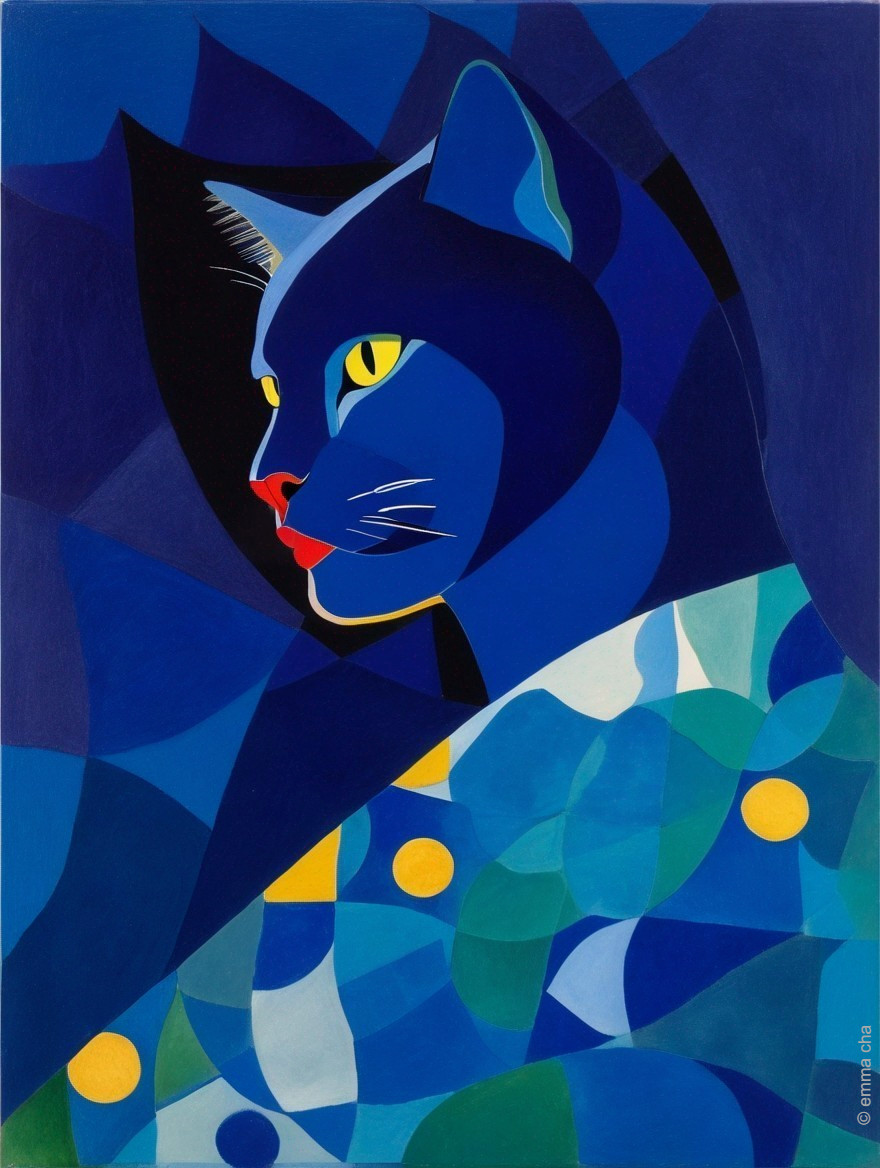 Abstract Cat Head in Blue with Geometric Background