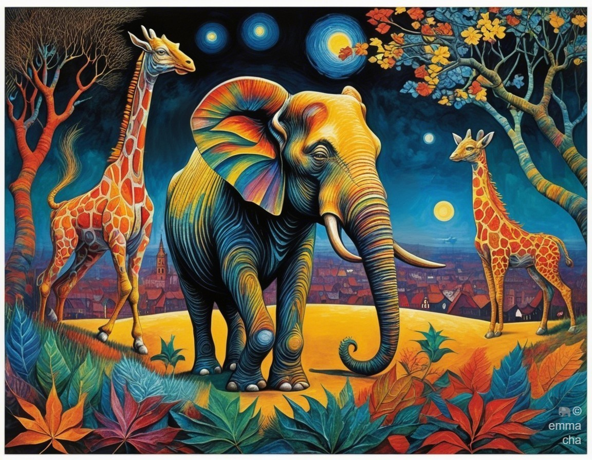 Surreal Scene with Elephant and Giraffes in Colorful Landscape