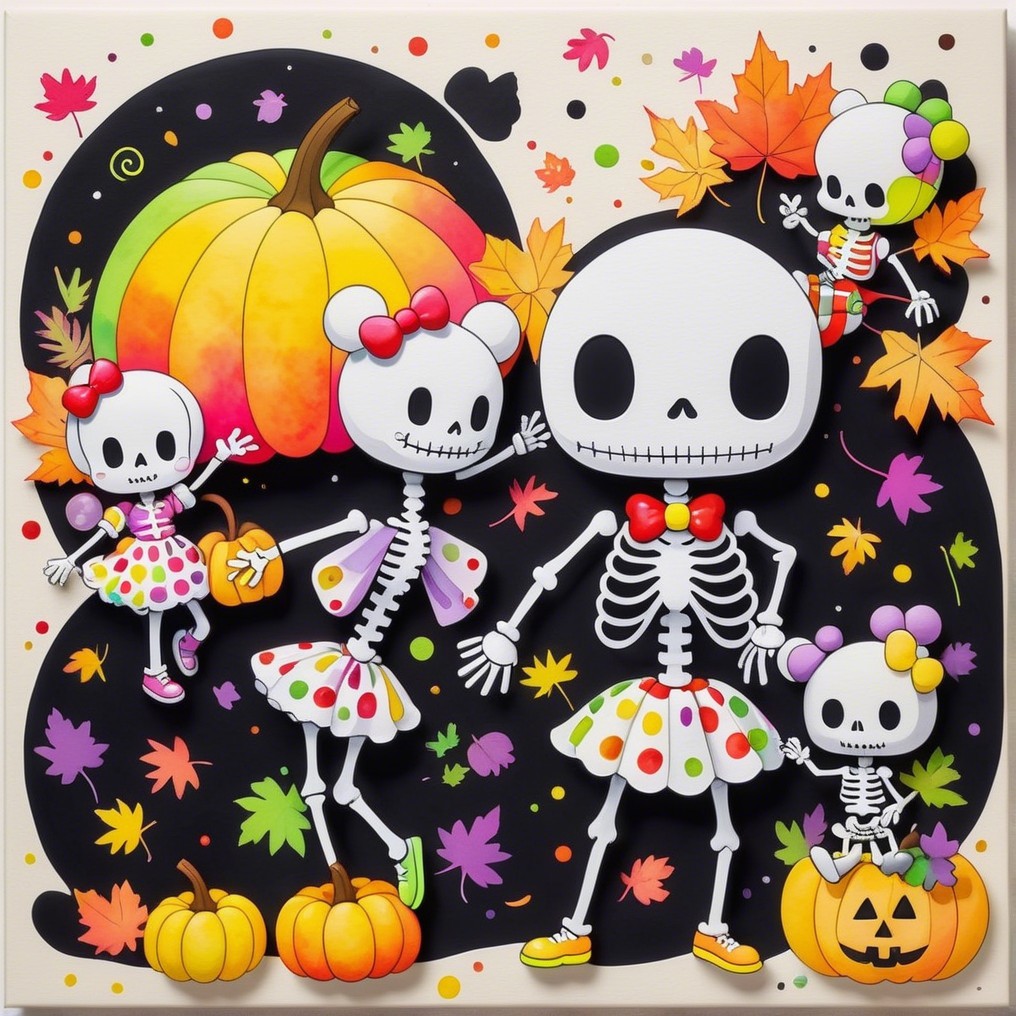 Playful Skeletons in Colorful Halloween Scene