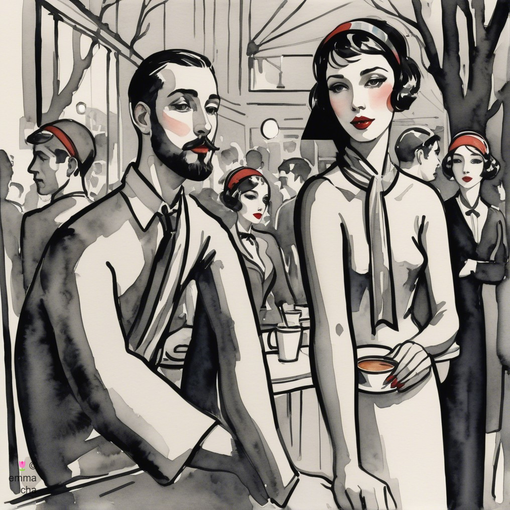 Vintage Café Scene in Black-and-White Illustration
