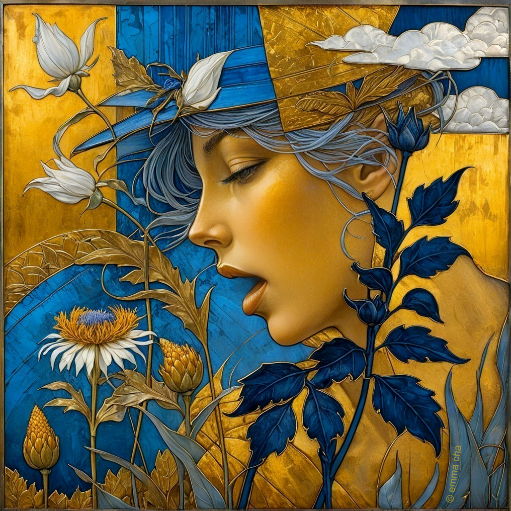 Serene Woman with Blue Hair Amidst Botanical Elements