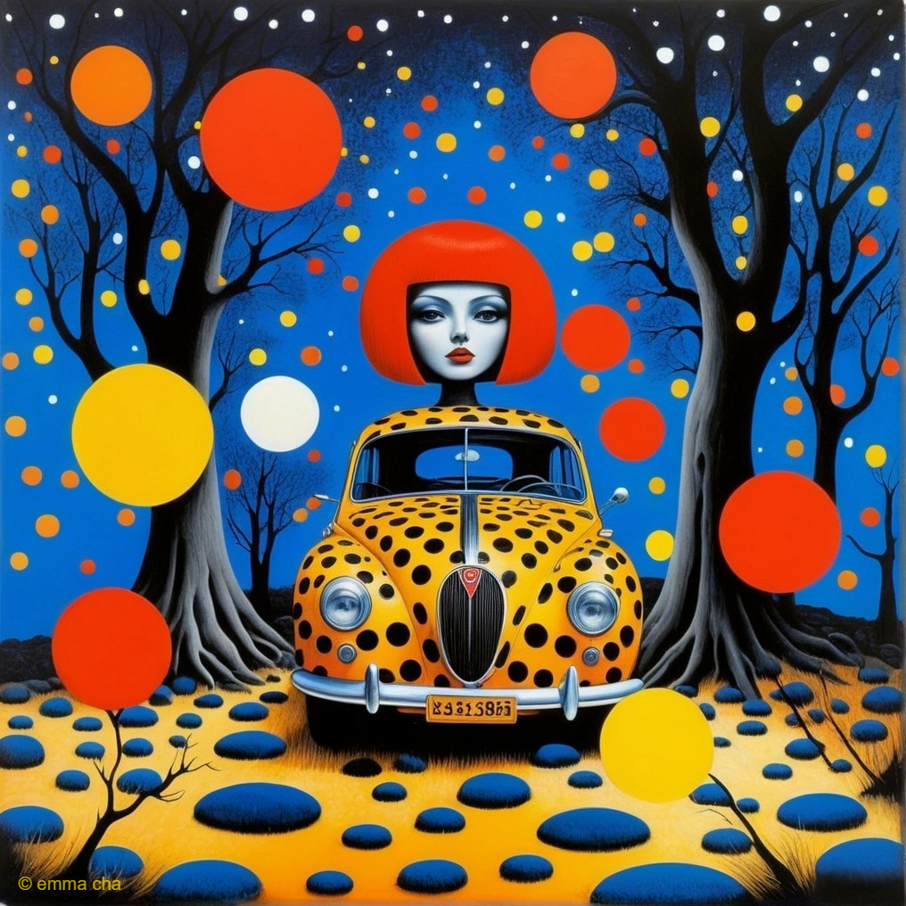 Surreal Landscape with Colorful Car and Stylized Figure