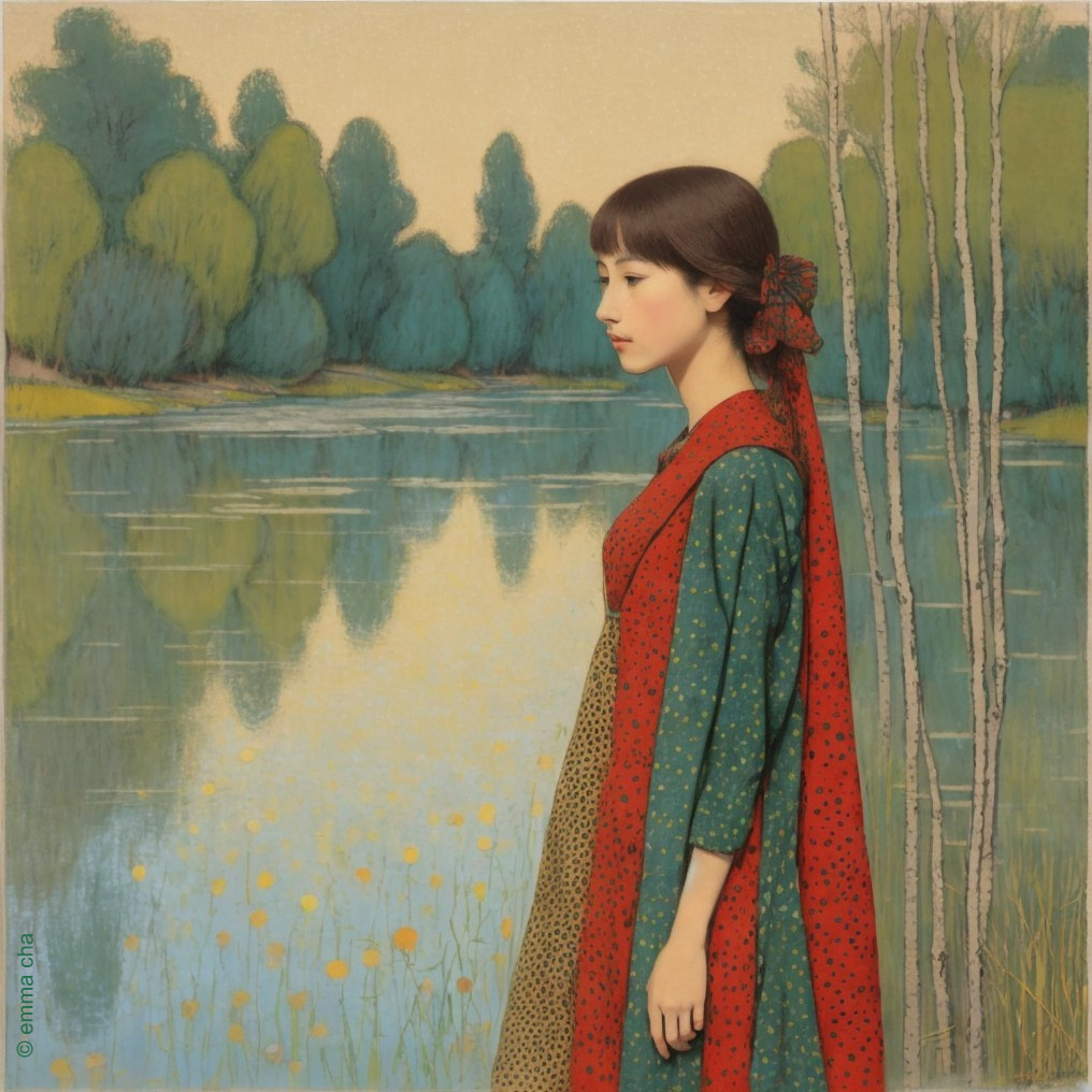 Young Woman in Traditional Attire by Tranquil Lake