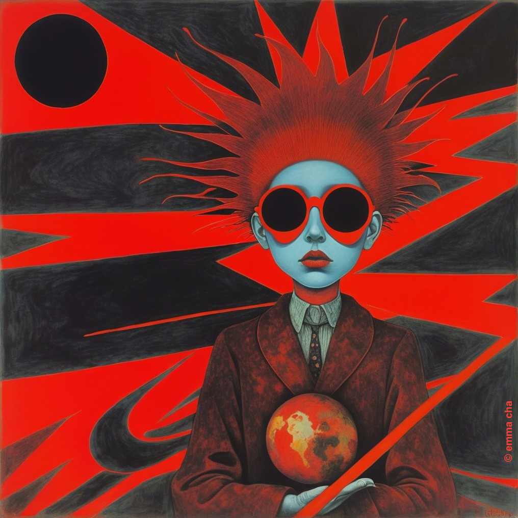 Surreal Artwork of Blue Figure with Globe and Geometric Shapes