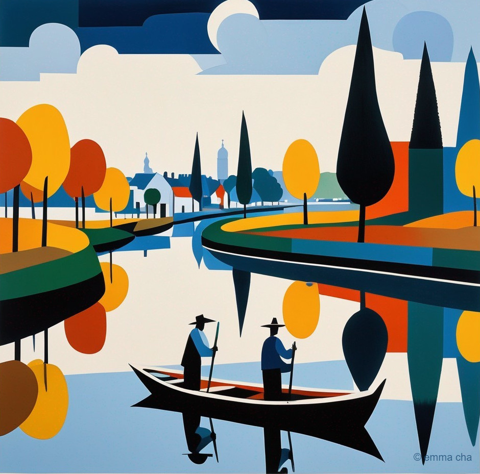 Stylized Illustration of People in a Boat on a River
