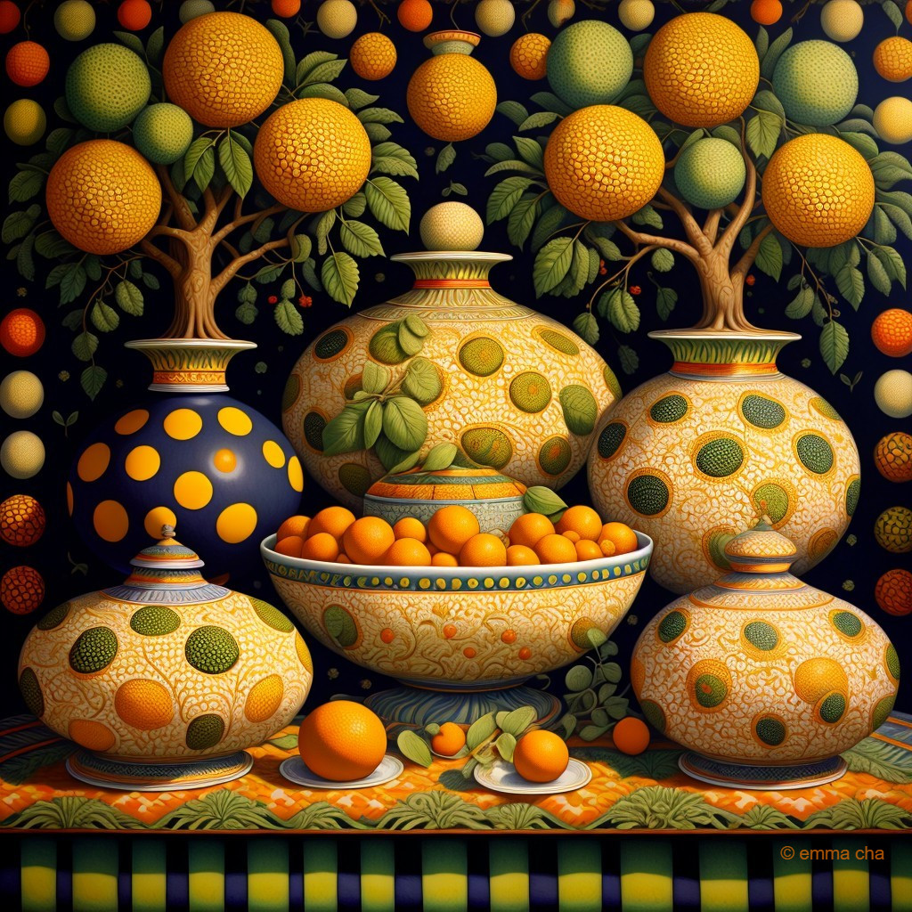 Vibrant Still Life of Jars, Bowls, and Oranges