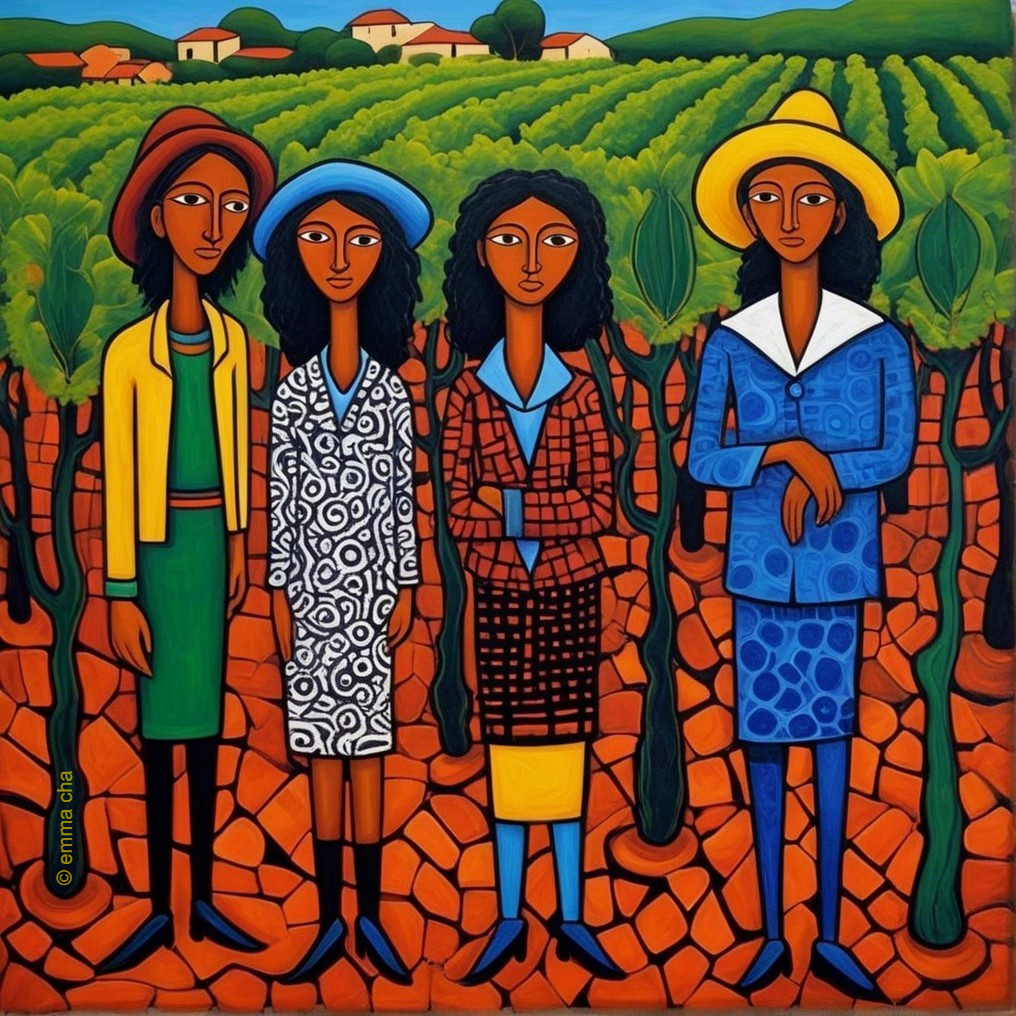 Four Women in a Vibrant Vineyard Setting