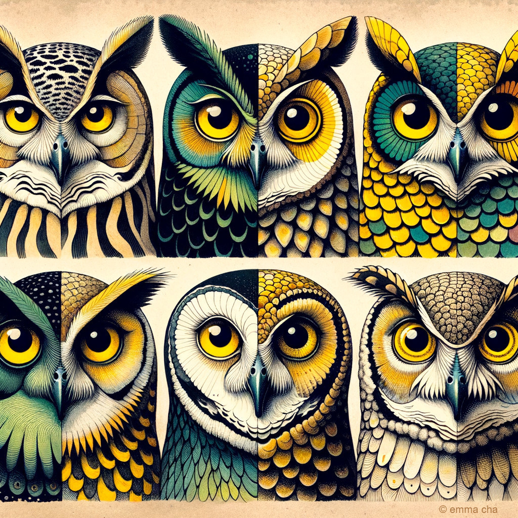 Stylized Colorful Owl Illustrations on Beige Background
