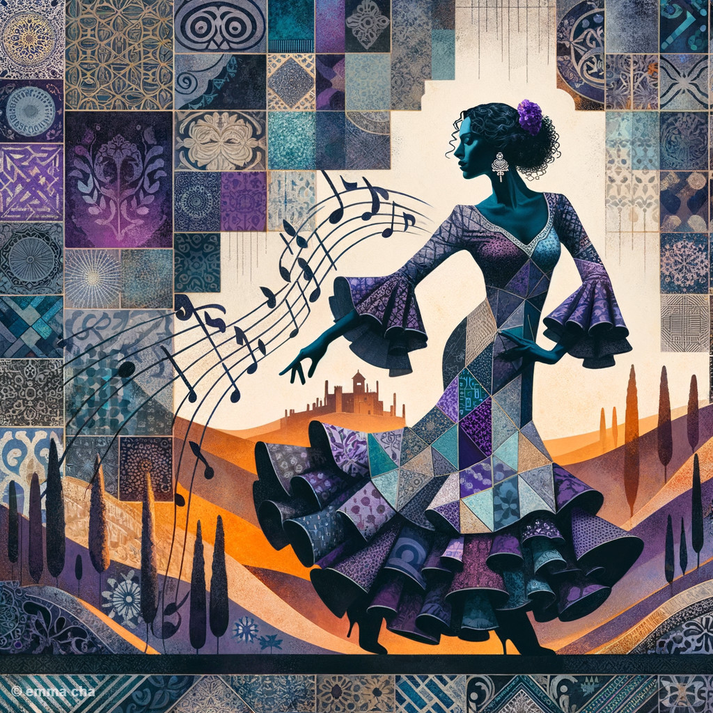 Dancing Figure in Vibrant Gown with Geometric Patterns