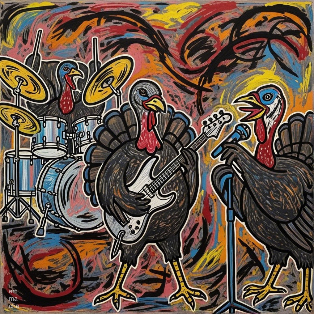 Anthropomorphic turkeys performing in a vibrant band