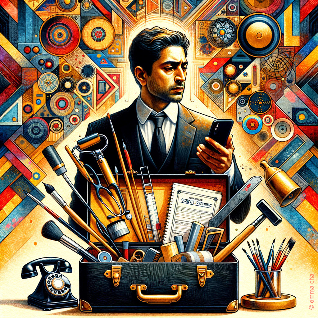 Man in Suit with Smartphone and Vintage Briefcase