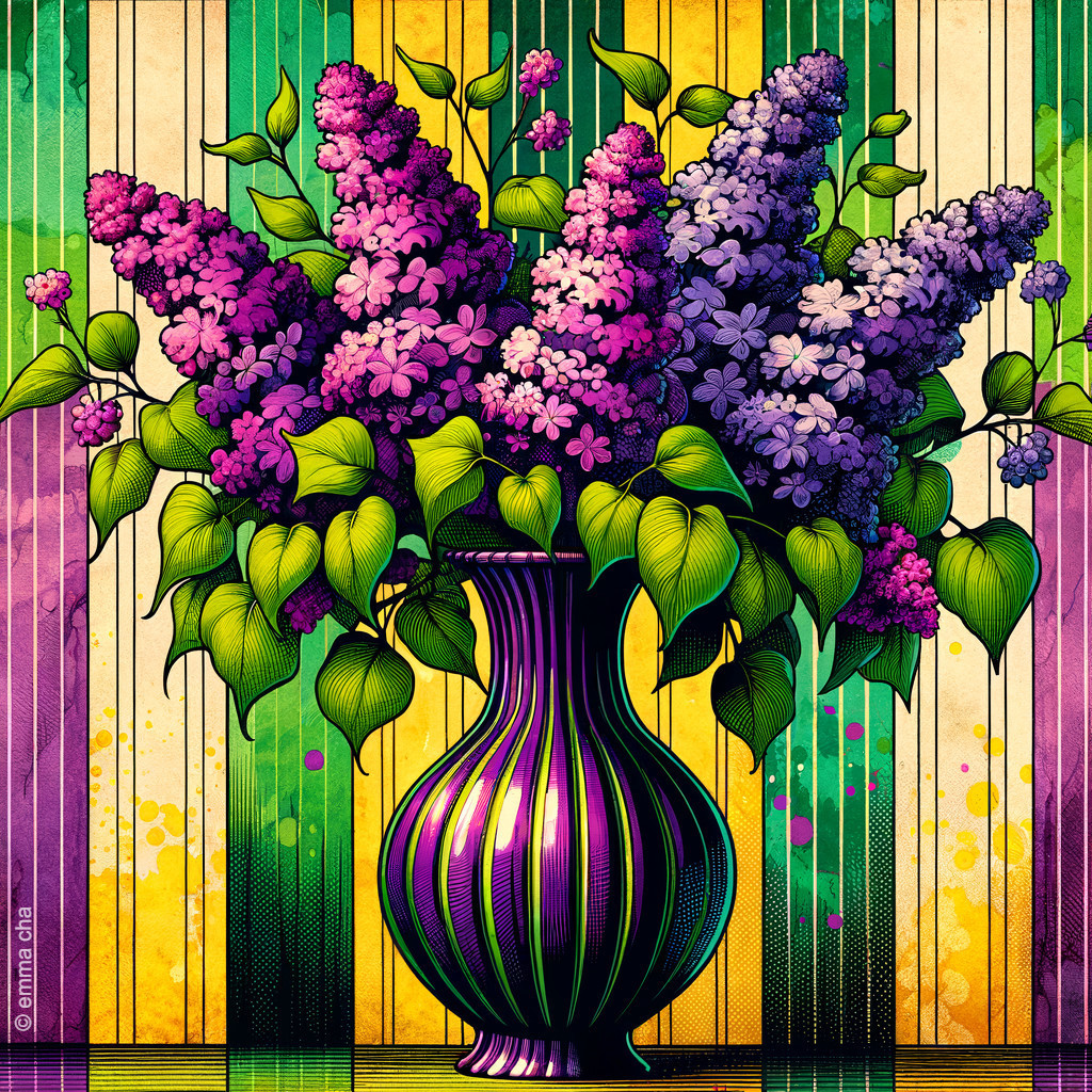 Vibrant Still Life with Purple Flowers and Striped Vase
