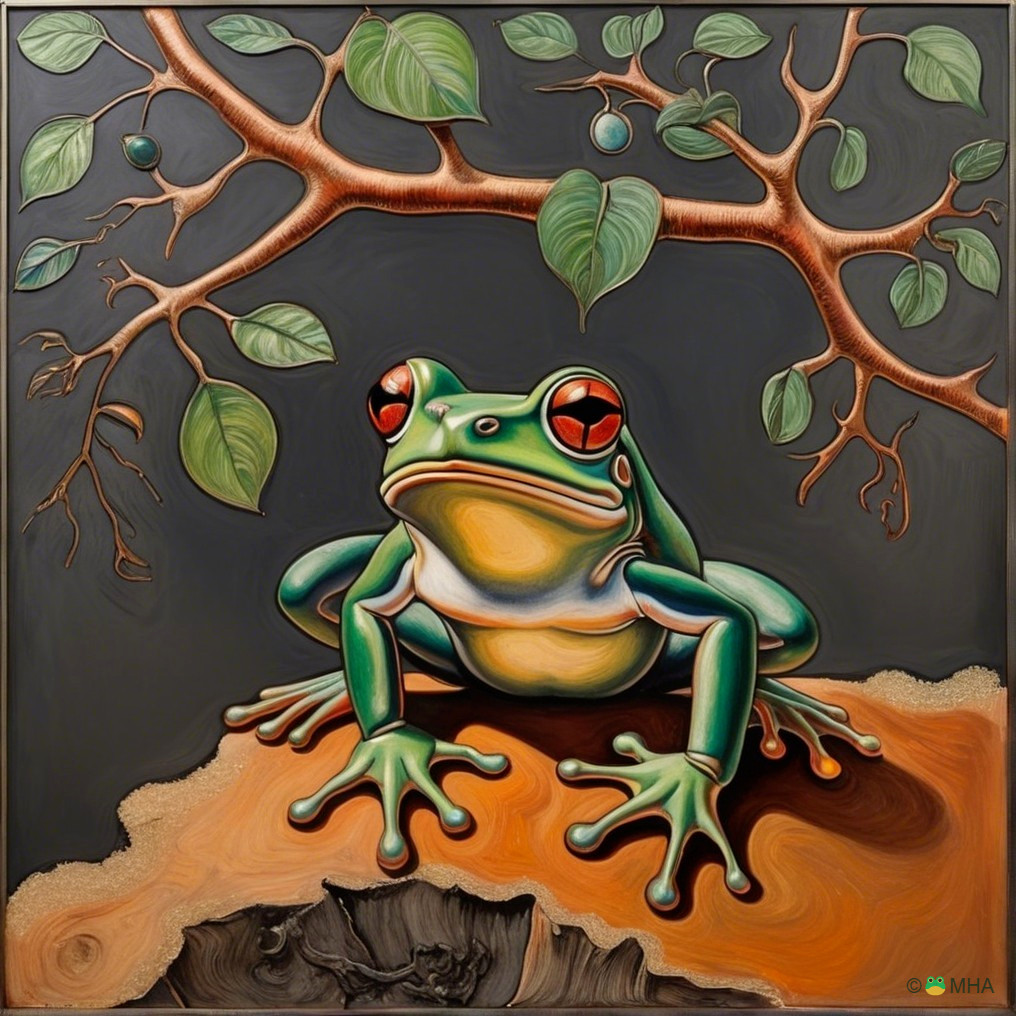 Vibrant Illustration of a Green Frog Among Leaves