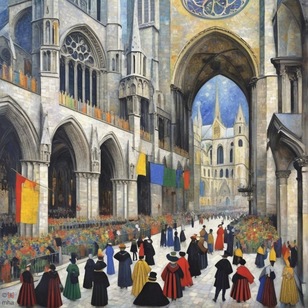 Grand Cathedral Interior with Colorful Details and People