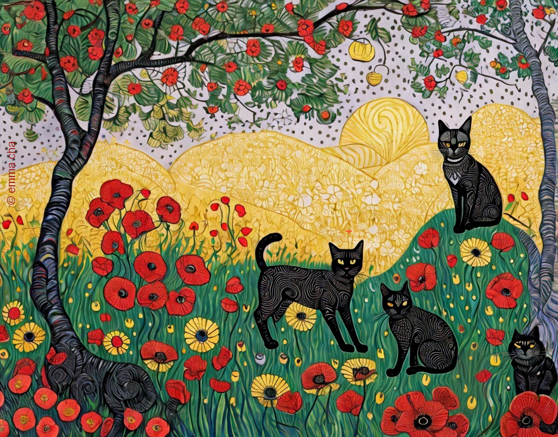 Vibrant Landscape with Poppies and Playful Cats