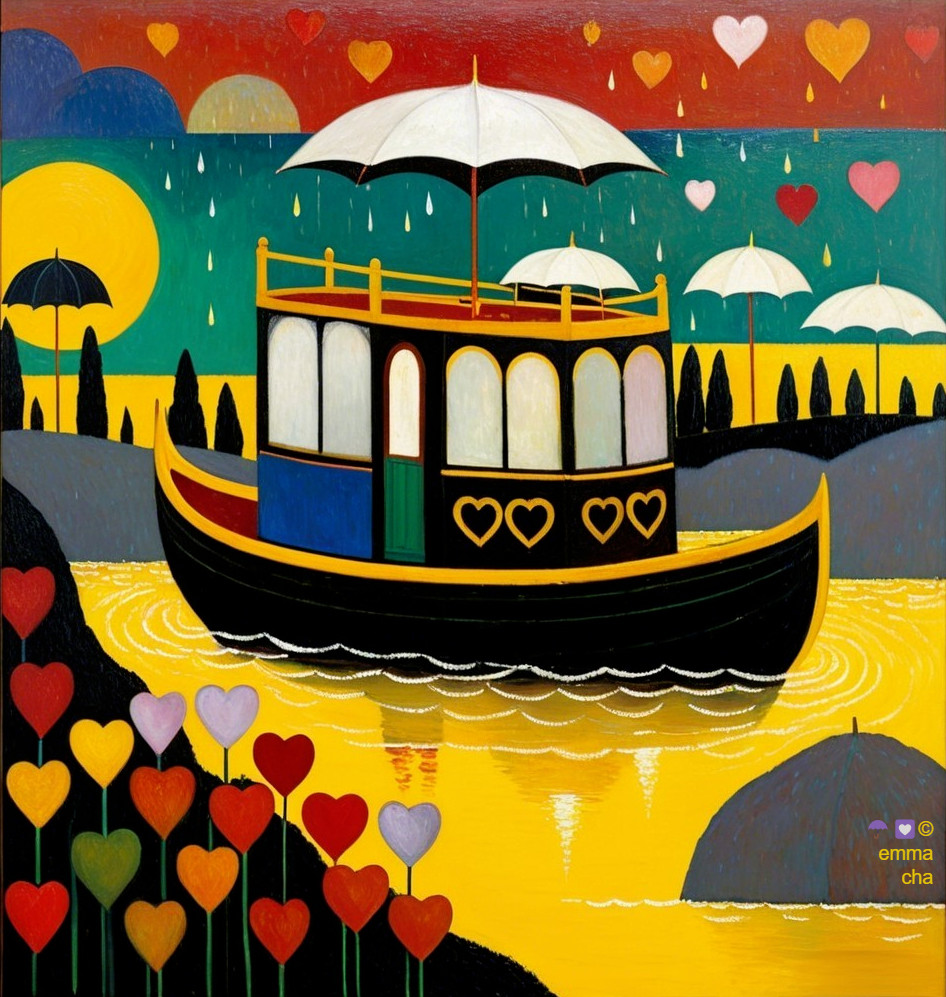Whimsical Boat on Yellow Waters with Colorful Flowers