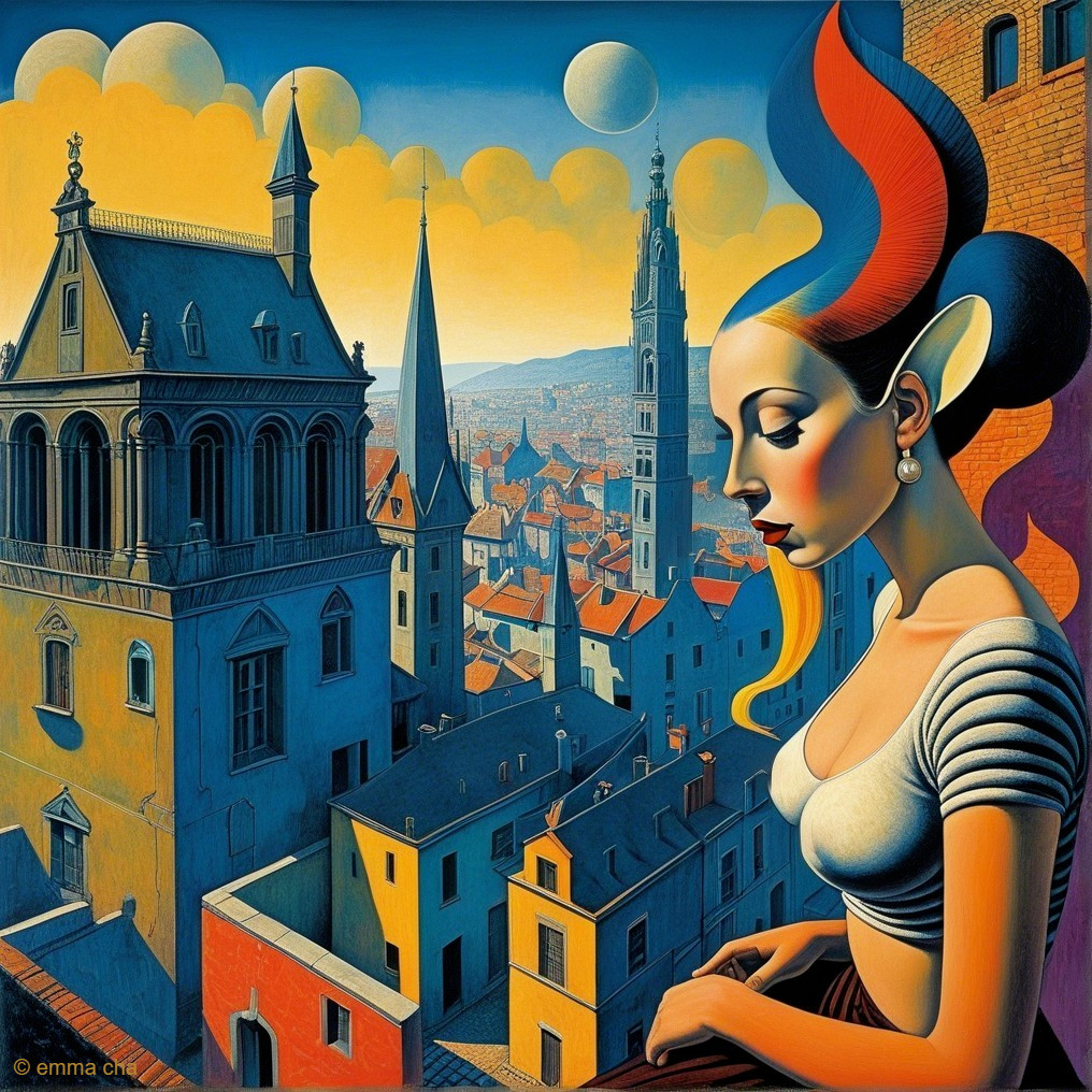 Surreal Cityscape with Woman and Dreamlike Elements