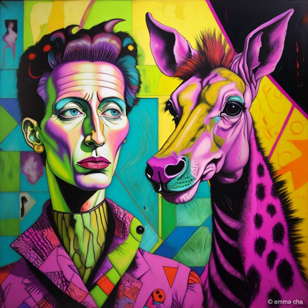 Surreal Artwork of Man and Colorful Giraffe in Vivid Hues