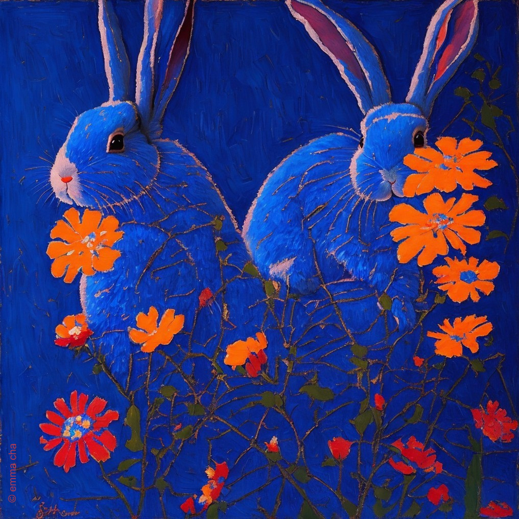 Whimsical Blue Rabbits Among Orange Flowers Artwork