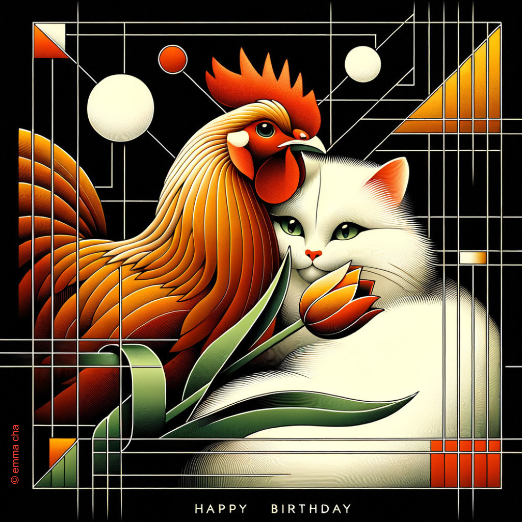 Colorful Illustration of Rooster and Cat with Shapes