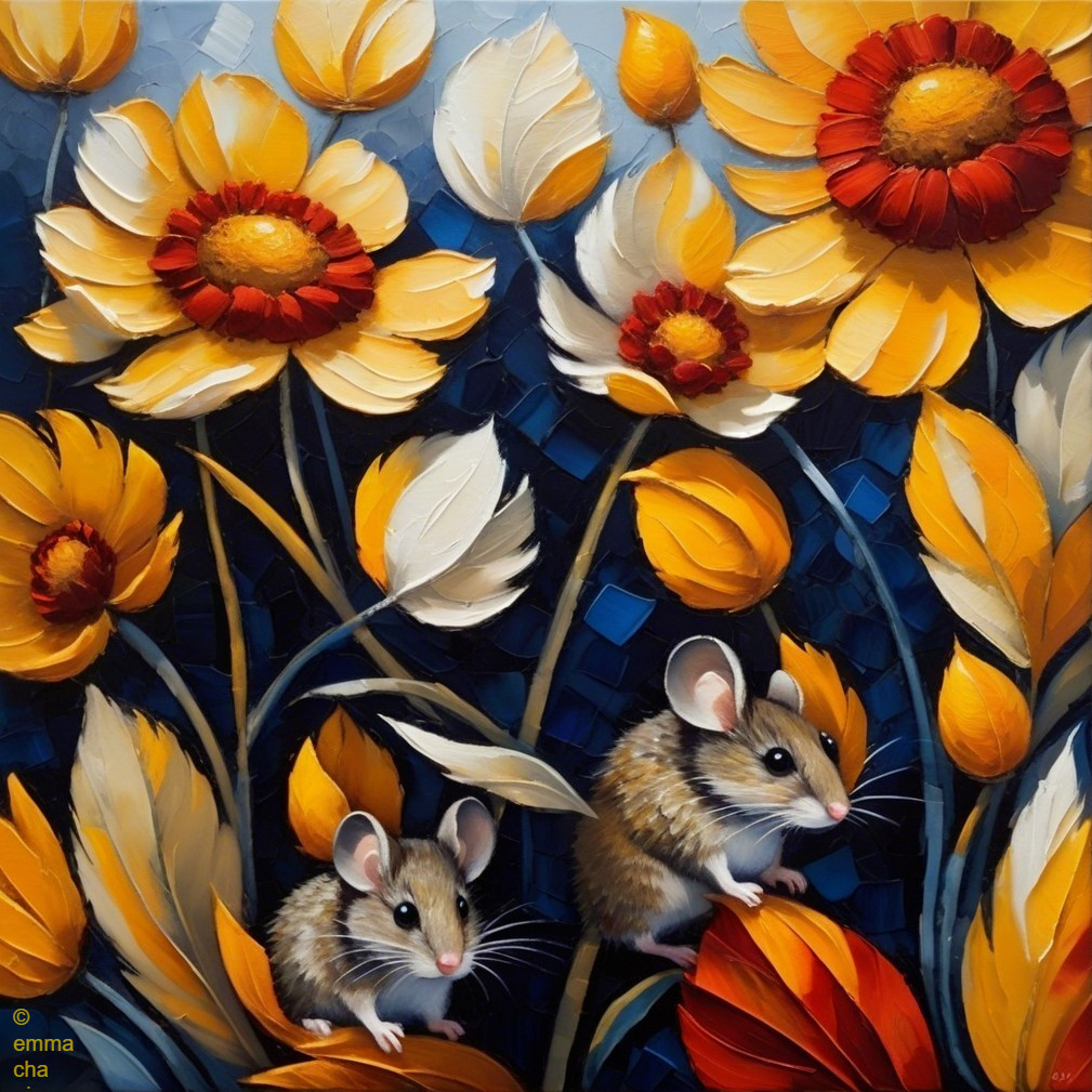 Vibrant Painting of Mice in Colorful Flower Garden