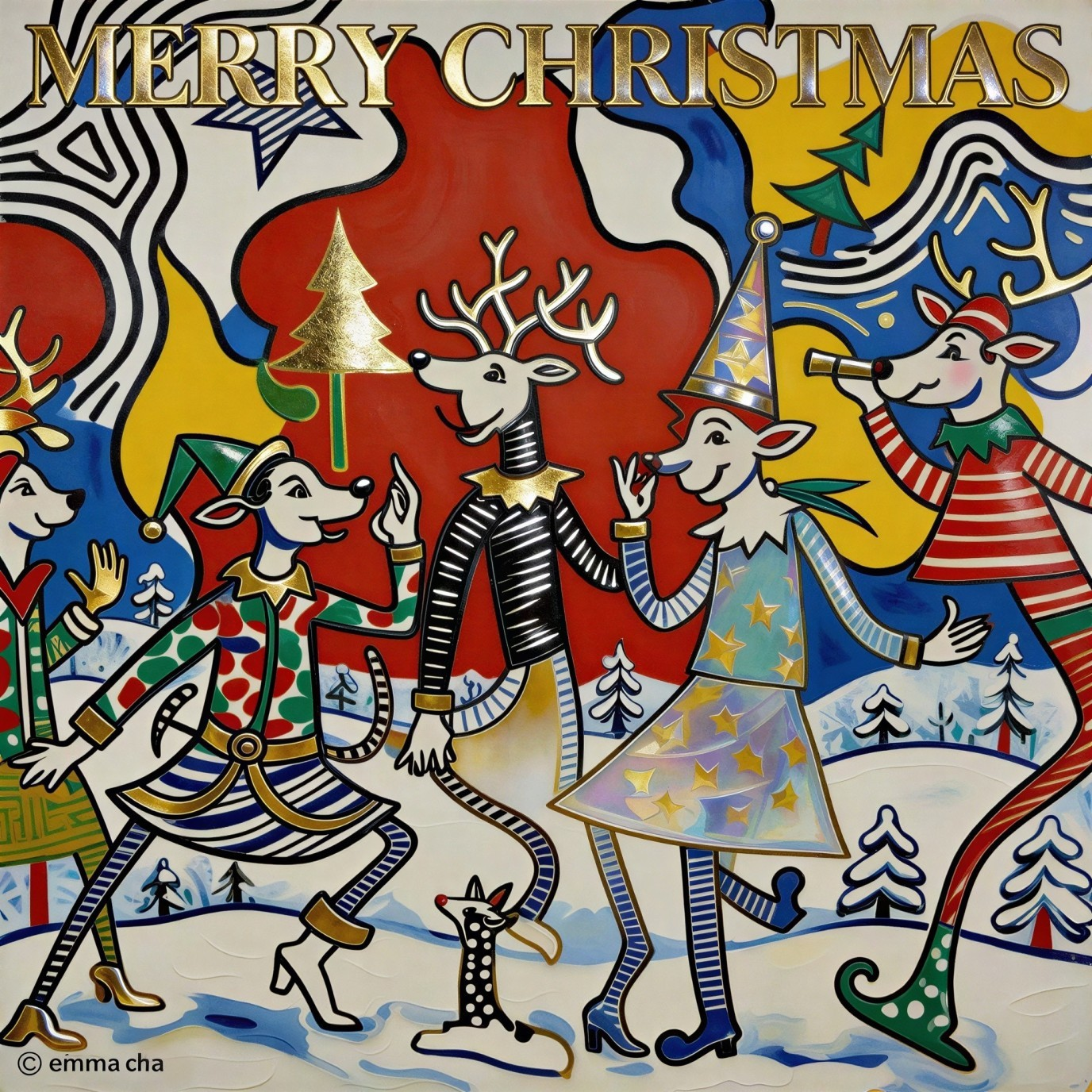 Oil Painting of Joyful Reindeer in Christmas Scene