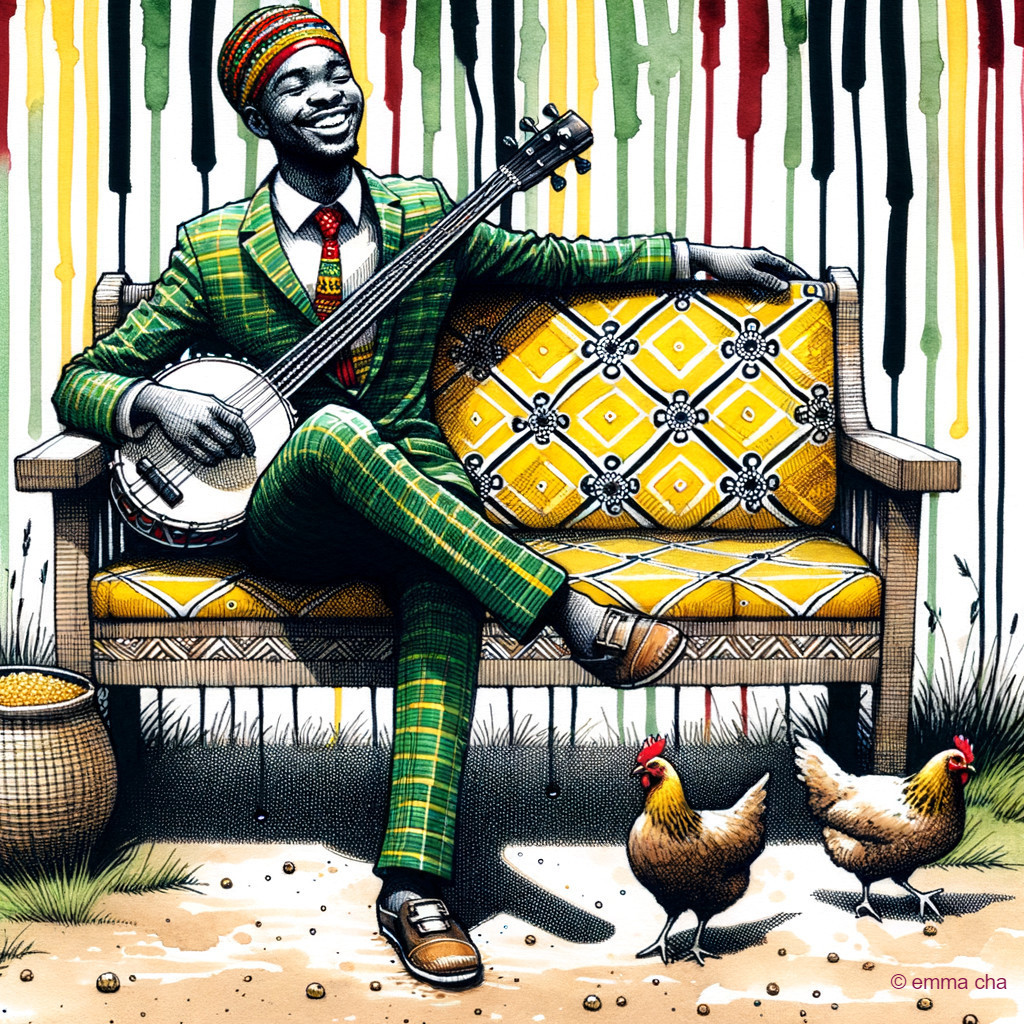 Joyful Musician in Green Suit Playing Banjo on Couch