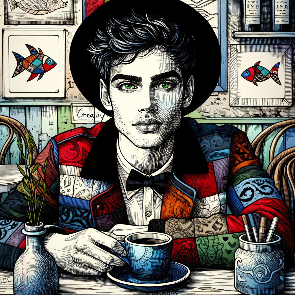 Stylish Young Man in Vibrant Café with Artistic Decor
