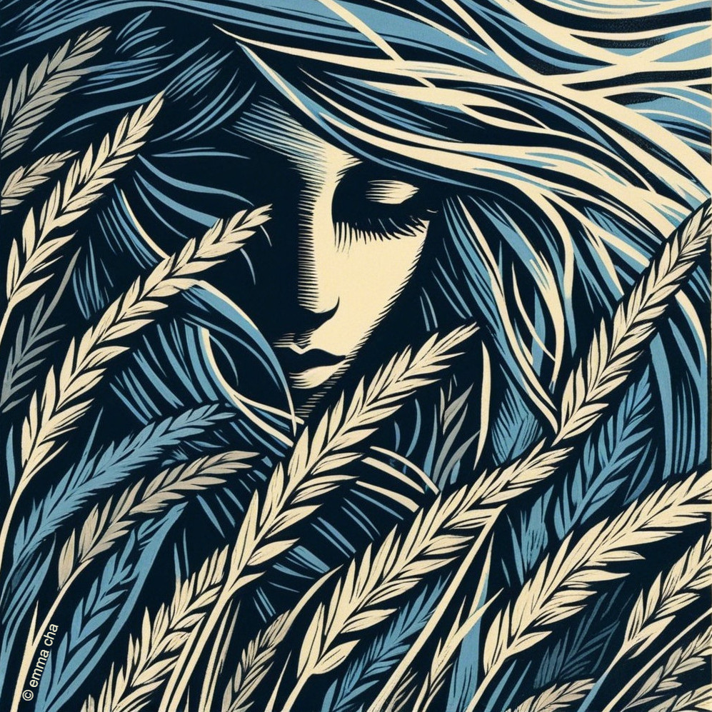Stylized Portrait of Woman Among Grass Patterns