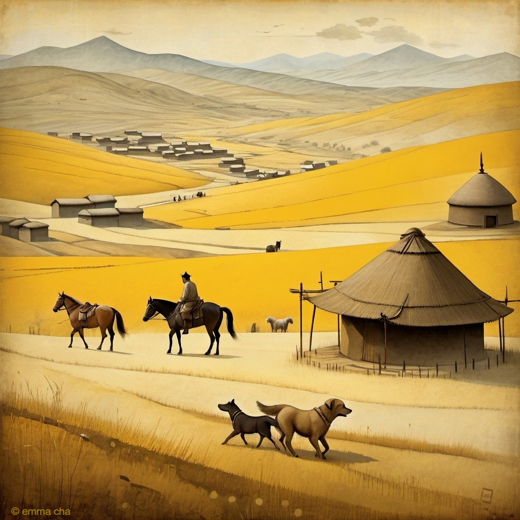 Rolling Yellow Hills with Horseman and Yurt Scene