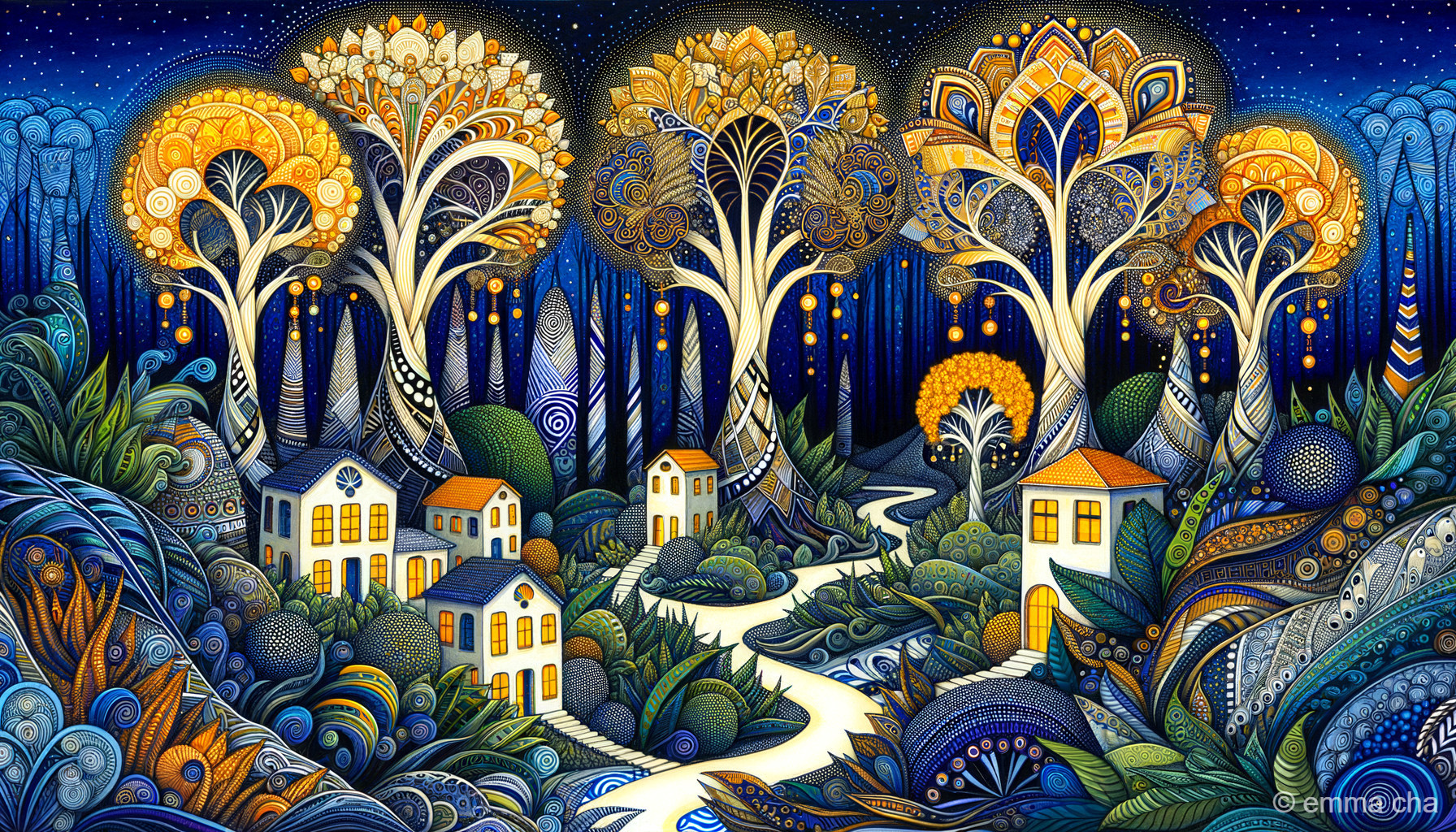 Whimsical Landscape with Golden Foliage and Night Sky