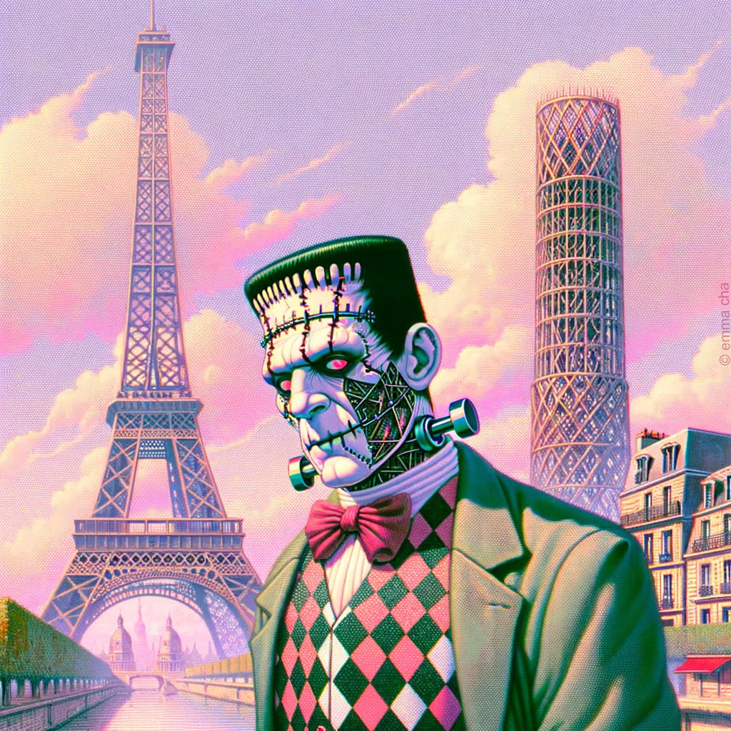 Surreal Character Before Eiffel Tower in Pastel Sky