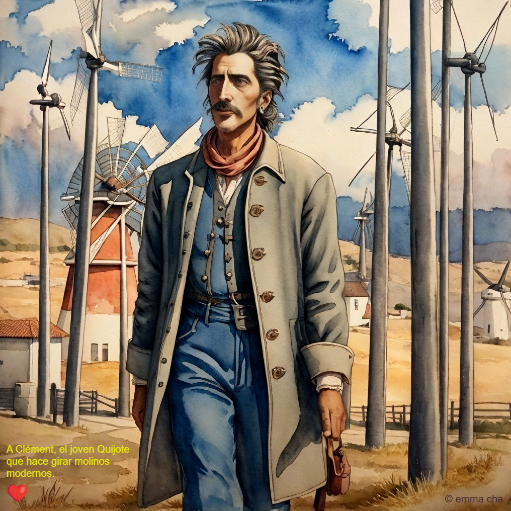 Modern Don Quixote Among Windmills in Bright Landscape