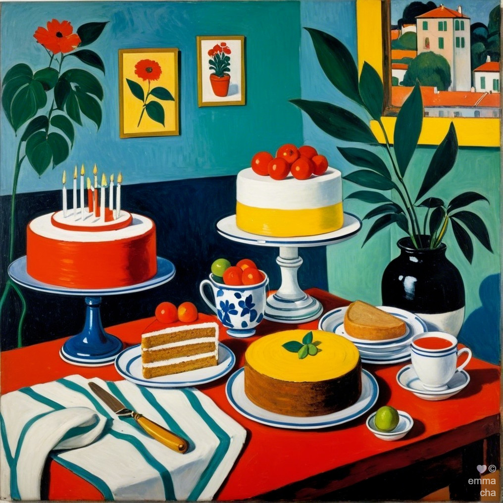 Vibrant Tabletop Display with Decorated Cakes and Tea